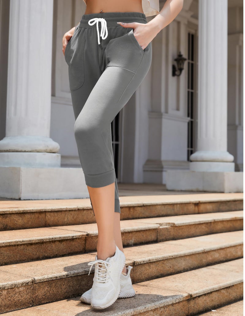 SPECIALMAGIC Women's Capri Joggers Cropped Sweatpants Running Pants Lounge Drawstring with Side Pockets Dark Grey L - Image 3